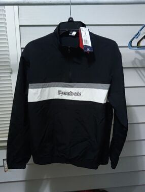 Reebok Black Windbreaker with White Chest Stripe